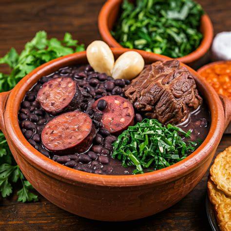 Feijoada brasileira servida com arroz, couve e laranja